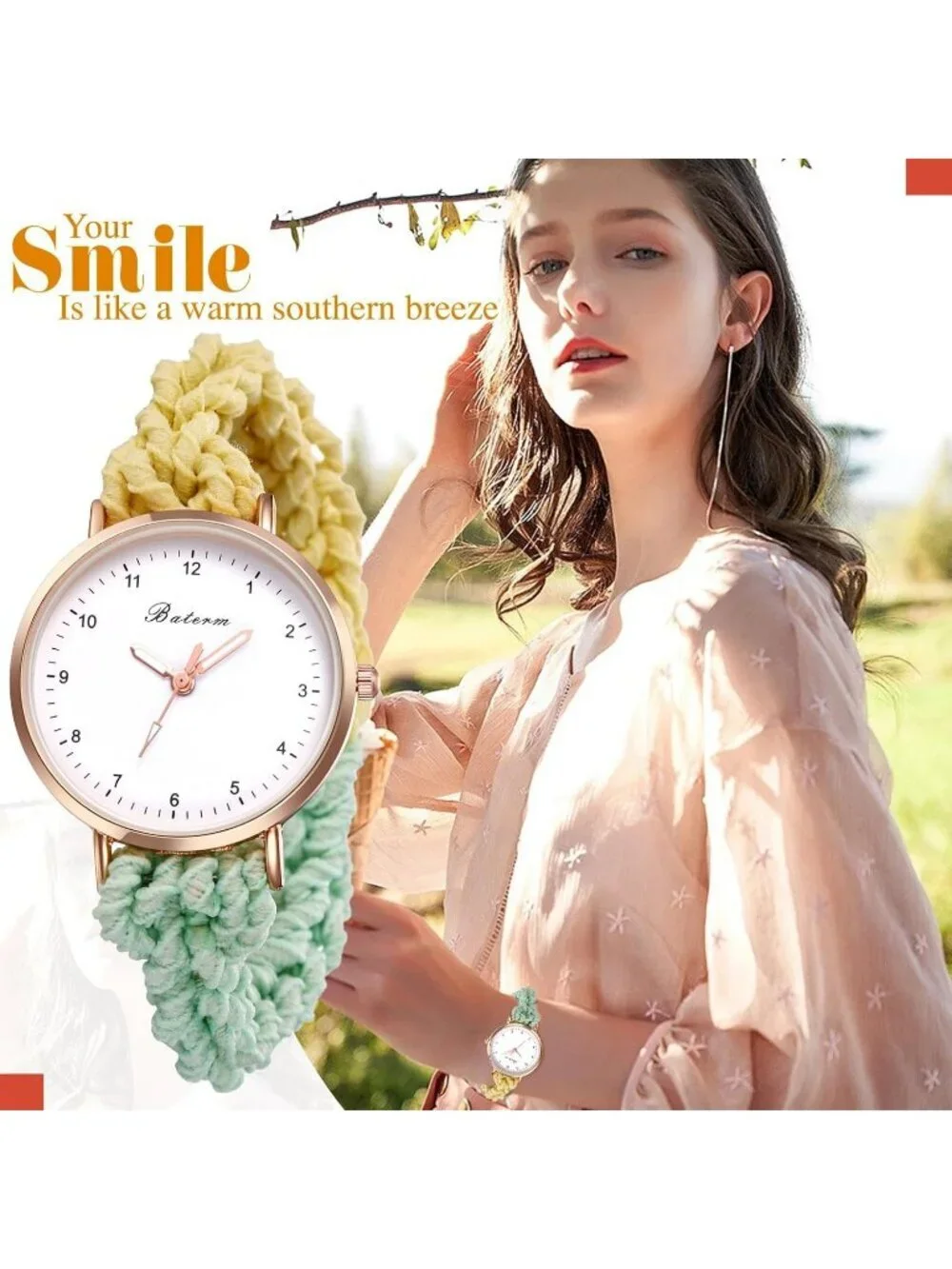 Women's Yellow Green Analog Stretch Band Elastic Colorful Weave Rope Wrist Watch